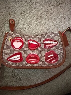 Coach Tom wesselman Brown Signature Canvas Crossbody with Red Lip Appliqués